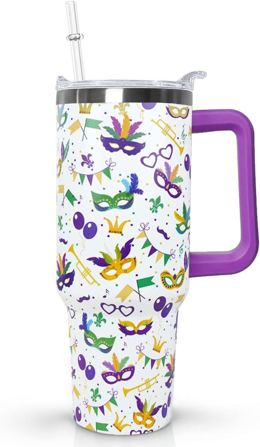 Lunabuddy™ Ceovfoi 40 Oz Mardi Gras Tumbler with Lid and Straw,40 Oz Mardi Gras Coffee Mugs Water Bottles Wine Drinking GlassesTumbler with Straws,Margi Gras Decor,Margi Gras Gifts for Women