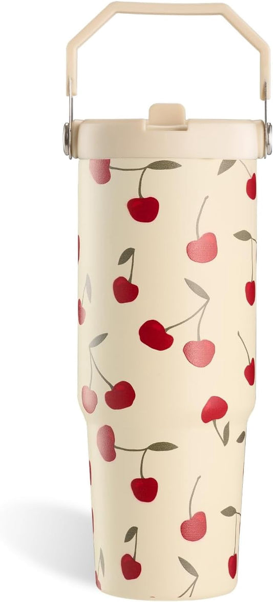 Lunabuddy™ Cherry Tumbler, Cherry Gifts for Women 30 oz Tumbler with Handle and Flip Straw Stainless Steel Insulated Cup Travel Mug Water Bottle