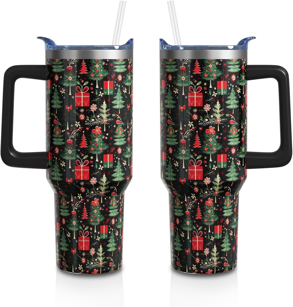Lunabuddy™ Christmas Gifts 40 Oz Tumbler with Handle and Straw, Green Xmas Tree Stainless Steel Insulated Cup Water Bottle, Retro Holiday Gifts for Women Men (1PC)
