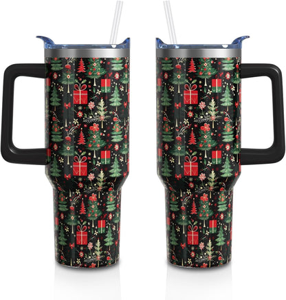 Lunabuddy™ Christmas Gifts 40 Oz Tumbler with Handle and Straw, Green Xmas Tree Stainless Steel Insulated Cup Water Bottle, Retro Holiday Gifts for Women Men (1PC)