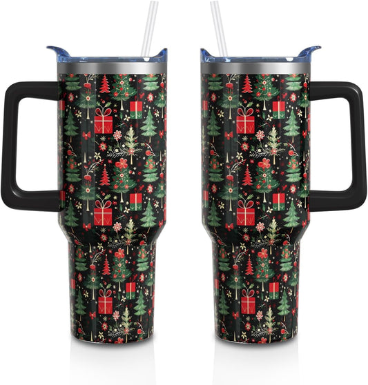 Lunabuddy™ Christmas Gifts 40 Oz Tumbler with Handle and Straw, Green Xmas Tree Stainless Steel Insulated Cup Water Bottle, Retro Holiday Gifts for Women Men (1PC)