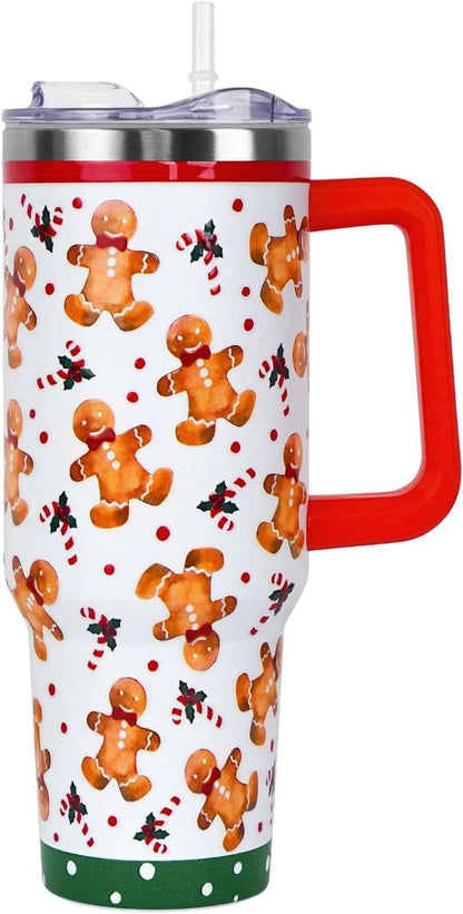 Lunabuddy™ Christmas Tumbler with Handle and Straw Lid 40 oz,Cute Christmas Gifts for Women Gingerbread Candy Cane Vacuum Insulated Leak Proof Tumbler,Winter Holiday Accessories Stainless Steel Coffee Cup Mug