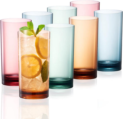 Lunabuddy™ Colored Plastic Reusable Drinking Glasses | Set of 8 | Restaurant Style 16 oz Muted Acrylic Unbreakable Tall Tumbler, Juice, Wine Cups | BPA-Free Tumblers | Top-Rack Dishwasher Safe Shatterproof