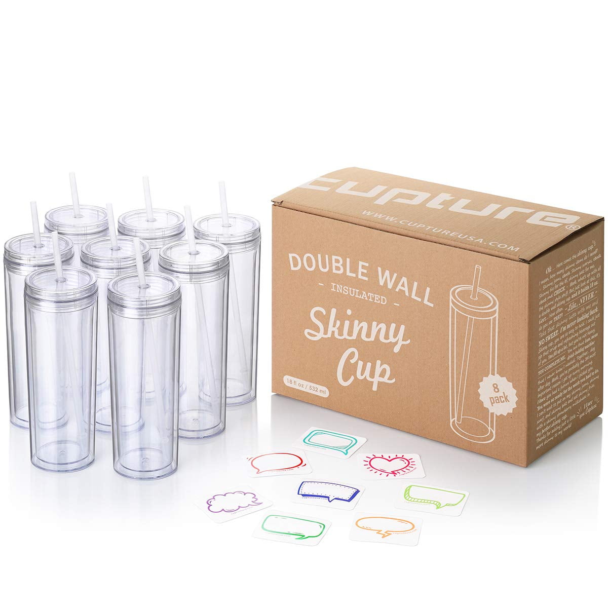 Lunabuddy™ Cupture Skinny Acrylic Tumbler Cups with Straws - 18 oz, 8 Pack (Clear)