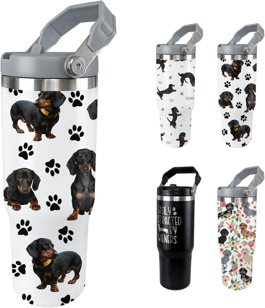 Lunabuddy™ Dachshund Dog Tumbler with Lid and Straw 30 Oz Weenie Dog Tumbler Insulated Weiner Dog Water Bottle Cup with Handle Weiner Dog Gifts for Women Men