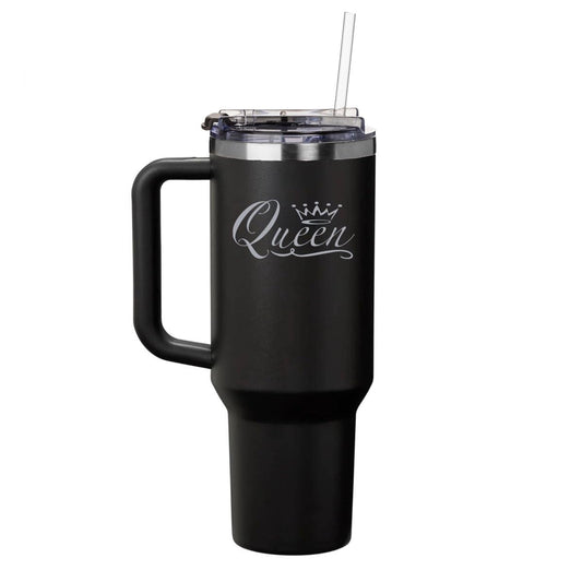 Lunabuddy™ Daylor 40 oz Tumbler with Handle and Straw Lid Stainless Steel Insulated Travel Mug Cup Queen Fancy (Black)