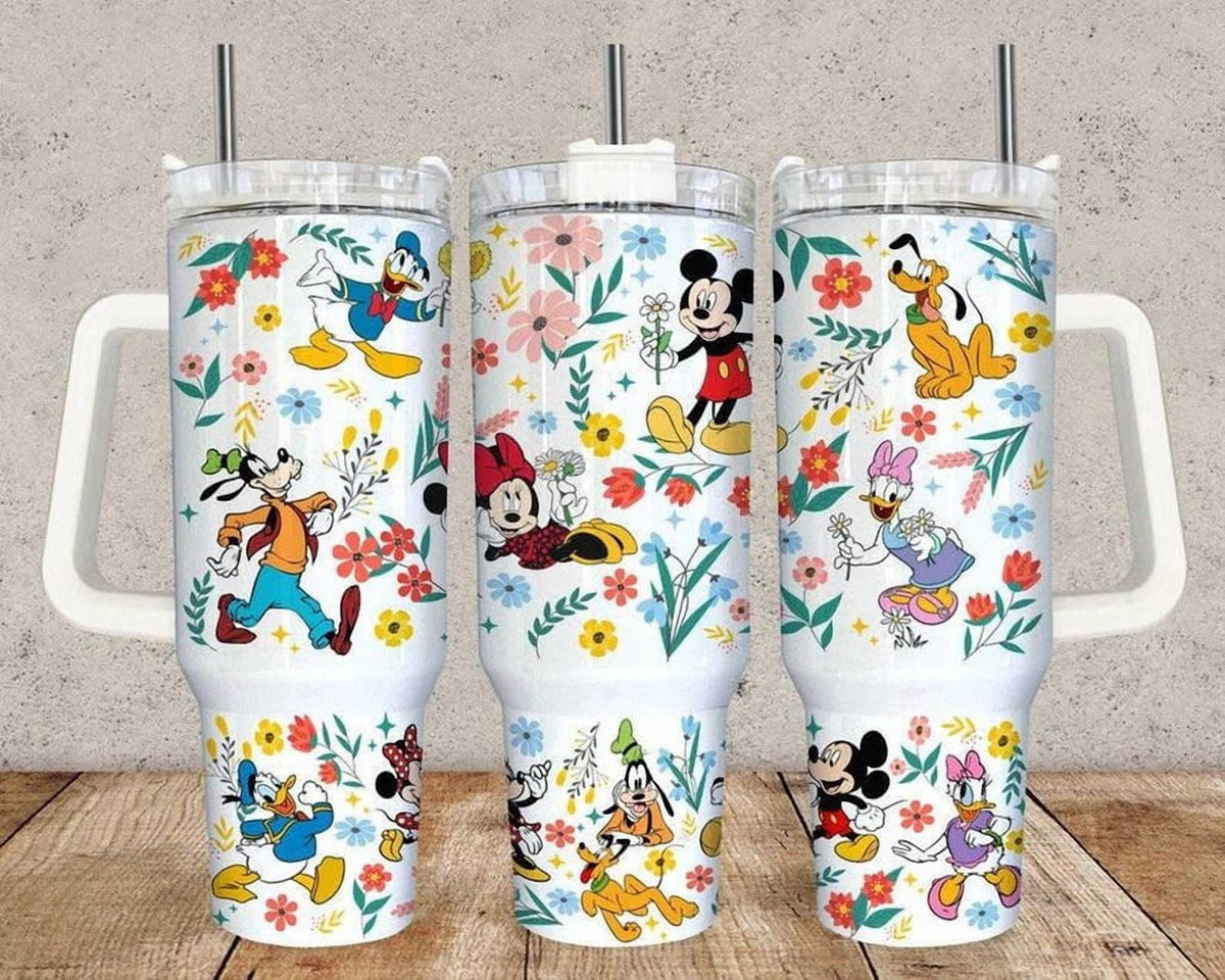 Lunabuddy™ Disney Mickey & Friends 40oz Tumbler with Handle – Floral Mickey Minnie Donald Goofy Insulated Cup, Magic Kingdom Travel Mug with Straw, Classic Disney Gift