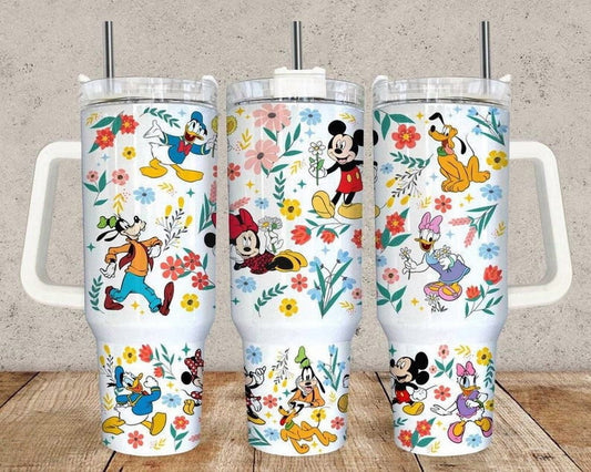 Lunabuddy™ Disney Mickey & Friends 40oz Tumbler with Handle – Floral Mickey Minnie Donald Goofy Insulated Cup, Magic Kingdom Travel Mug with Straw, Classic Disney Gift
