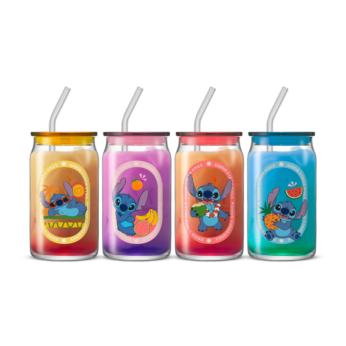 Lunabuddy™ Disney Stitch Island Vibes Tumbler Glasses with Lids & Straws, 16-ounces, Set of 4