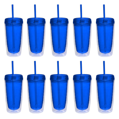 Lunabuddy™ Double Wall Acrylic Tumblers 16 oz. Set of 10, Bulk Pack - BPA Free, Perfect for Iced Coffee, Soda, Other Hot & Cold Beverages - Blue