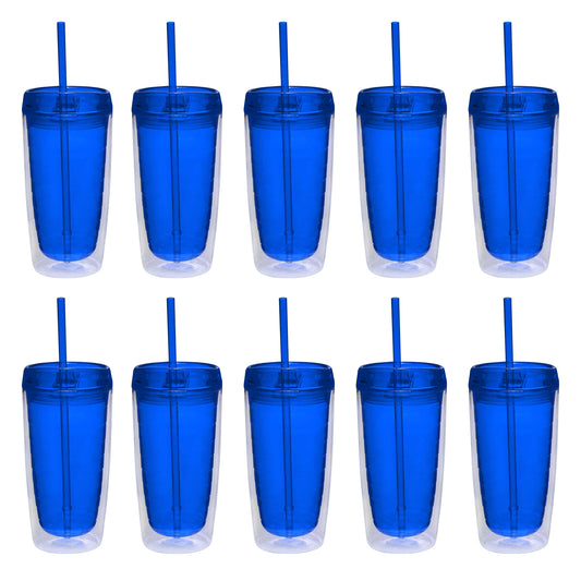 Lunabuddy™ Double Wall Acrylic Tumblers 16 oz. Set of 10, Bulk Pack - BPA Free, Perfect for Iced Coffee, Soda, Other Hot & Cold Beverages - Blue
