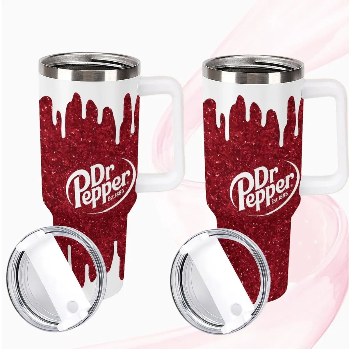Lunabuddy™ Dr Pepper Tumbler, 40oz With Handle Tumbler, Paint Drip Design, Christmas Gift, 40oz Stainless Steel Tumbler, Glitter Design, Perfect Gift For Pepper Lover