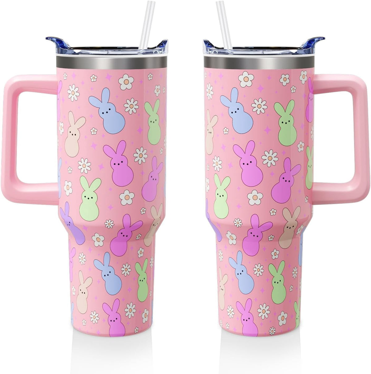 Lunabuddy™ Easter Day Gifts 40oz Tumbler with Handle and Straw, Cute Bunnies Buddies Spring Stainless Steel Insulated Cup, Colorful Holiday Bunny Water Bottle Gifts for Women Men (1PC)