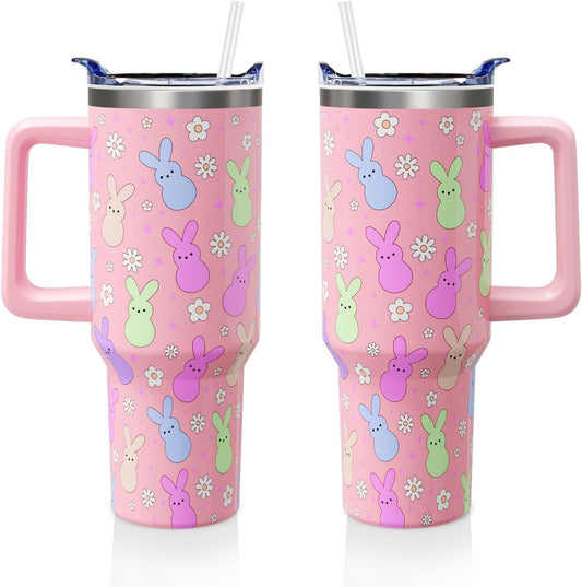 Lunabuddy™ Easter Day Gifts 40oz Tumbler with Handle and Straw, Cute Bunnies Buddies Spring Stainless Steel Insulated Cup, Colorful Holiday Bunny Water Bottle Gifts for Women Men (1PC)
