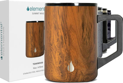 Lunabuddy™ Elemental Summit Insulated Coffee Mug with Lid & Handle, Insulated Vacuum Camp Coffee Cup, Triple Wall Stainless Steel Travel Mug, Hot and Cold Thermal Coffee Tumbler, 16oz - Teakwood