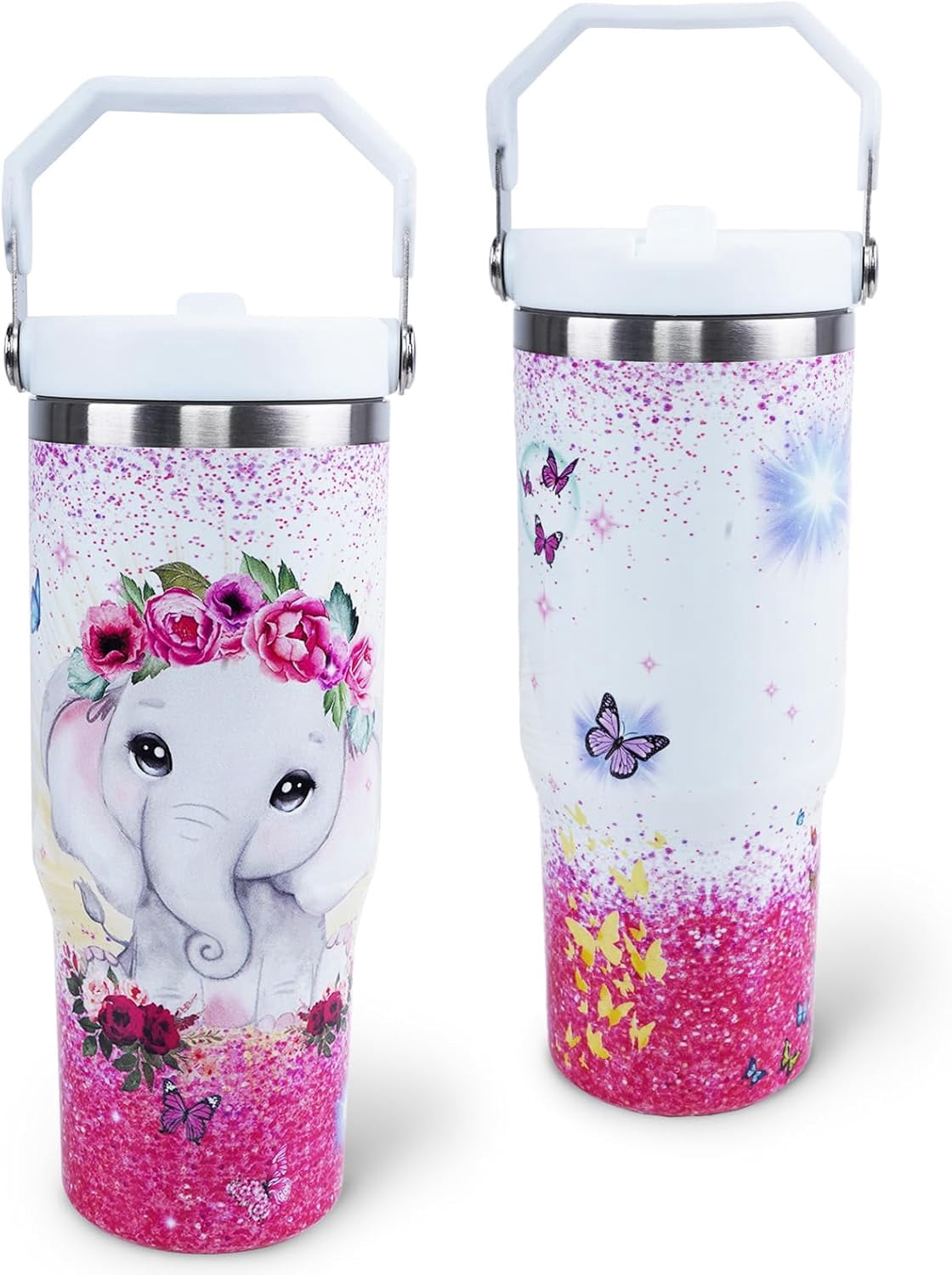 Lunabuddy™ Elephant Mug 30 oz Tumbler with Handle Flip Straw Leak Proof - Elephant Gifts for Women 30oz Tumbler 30 Ounce Travel Coffee Mug - Birthday Gifts for Women Friend Daughter Lover