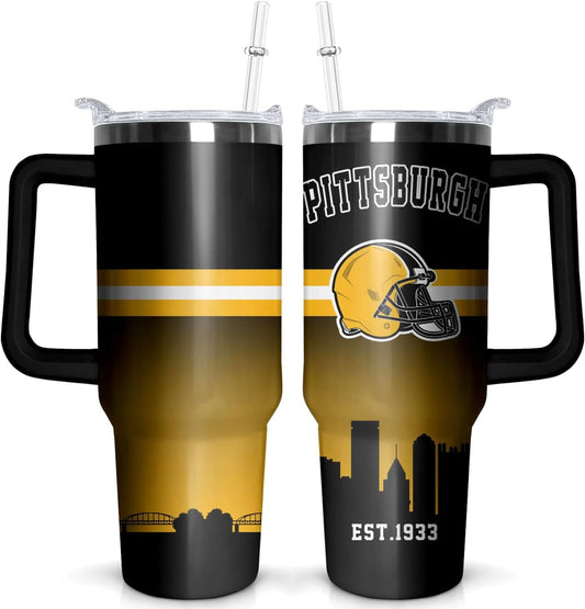 Lunabuddy™ Football 40 OZ Pittsburgh Tumbler with Handle and Straw for Football Fans Gifts Football City Travel Mug Tumbler Cup for Men Women Keeps Drinks Cold & Hot