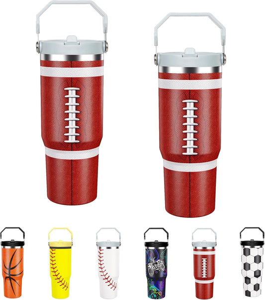 Lunabuddy™ Football Lover Gift 30 oz Flip Straw Tumbler with Top Handle Football Pattern BPA-Free Leak Proof Stainless Steel Insulated Vacuum Flip Top Water Bottle for Sporting Working
