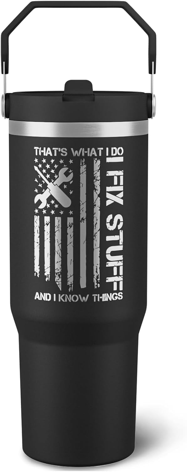 Lunabuddy™ Funny Gifts For Men - That's What I Do I Fix Stuff and I Know Things Cup - 30oz Insulated Tumbler with Handle - Cool Fathers Day,Birthday,Christmas Gifts for Dad,Grandpa,Husband,Uncle
