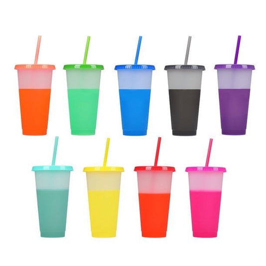 Lunabuddy™ GIXUSIL 24oz Color Changing Cups Plastic Bulk Tumblers with Lids and Straws Spill Proof, 9pcs Reusable Summer Cold Drink Cups,Iced Coffee Tumblers/Party Cup for Women Adults