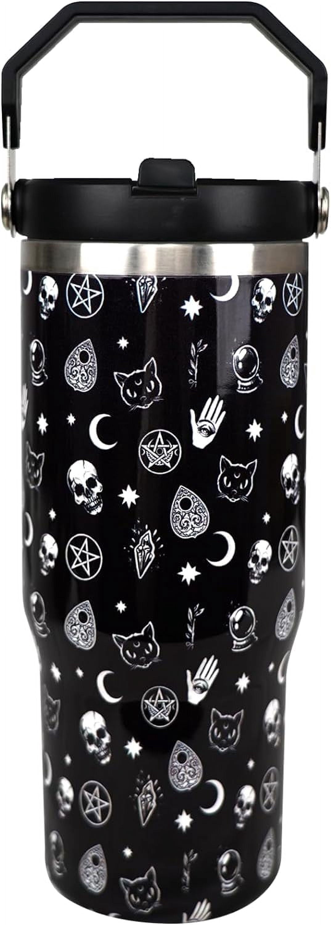Lunabuddy™ Gothic 30 oz Tumbler with Handle and Flip Straw，Stainless Steel Double Wall Insulated Travel Bottle with Top Handle Lid, Spill-Proof Tumbler with Straw and Handle for Men Women