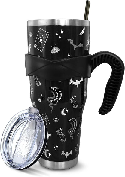 Lunabuddy™ Gothic 40 Oz Tumbler with Handle and Straw,Halloween Gifts,Goth Black Large Stainless Steel Vacuum Insulated Tumbler Travel Iced Coffee Mug Cup Water Bottle, Witchy Goth Gifts Decor Accessories Stuff