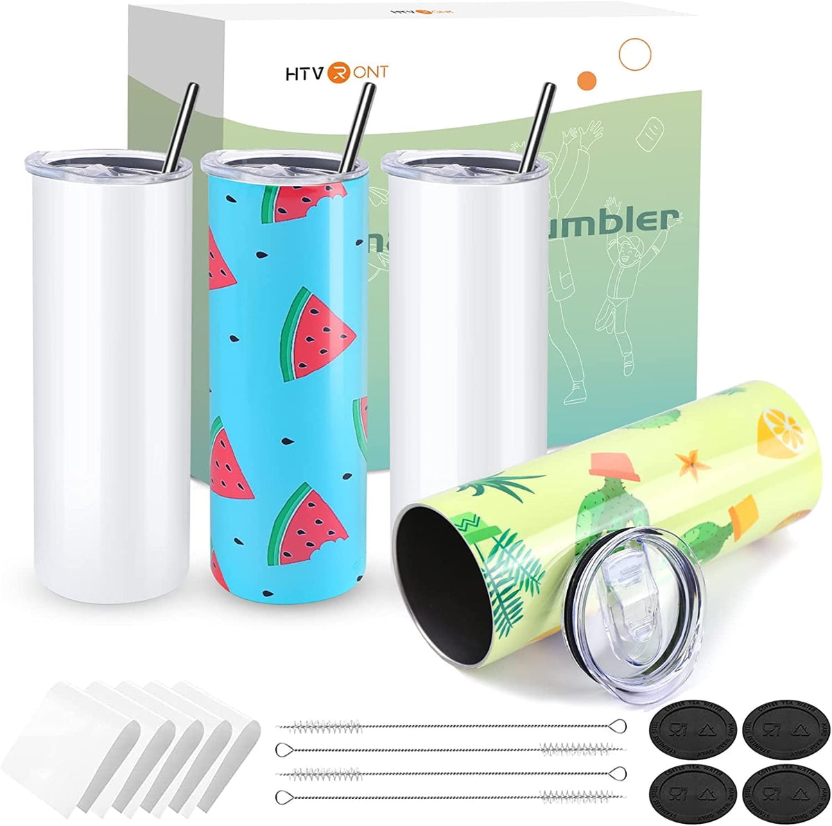 Lunabuddy™ HTVRONT 4 Pack Sublimation Blanks Tumblers 20 OZ Skinny Stainless Steel Mugs with Box, Paper and Straw