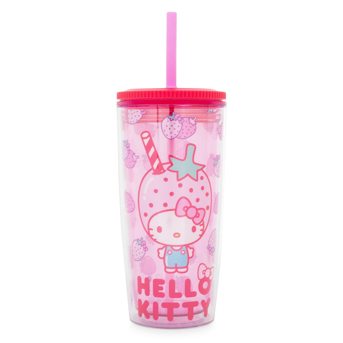 Lunabuddy™ Strawberries Plastic Tumbler With Leak-Resistant Lid and Reusable Straw Double-Walled Travel Cup For Drinks Holds 20 ounces