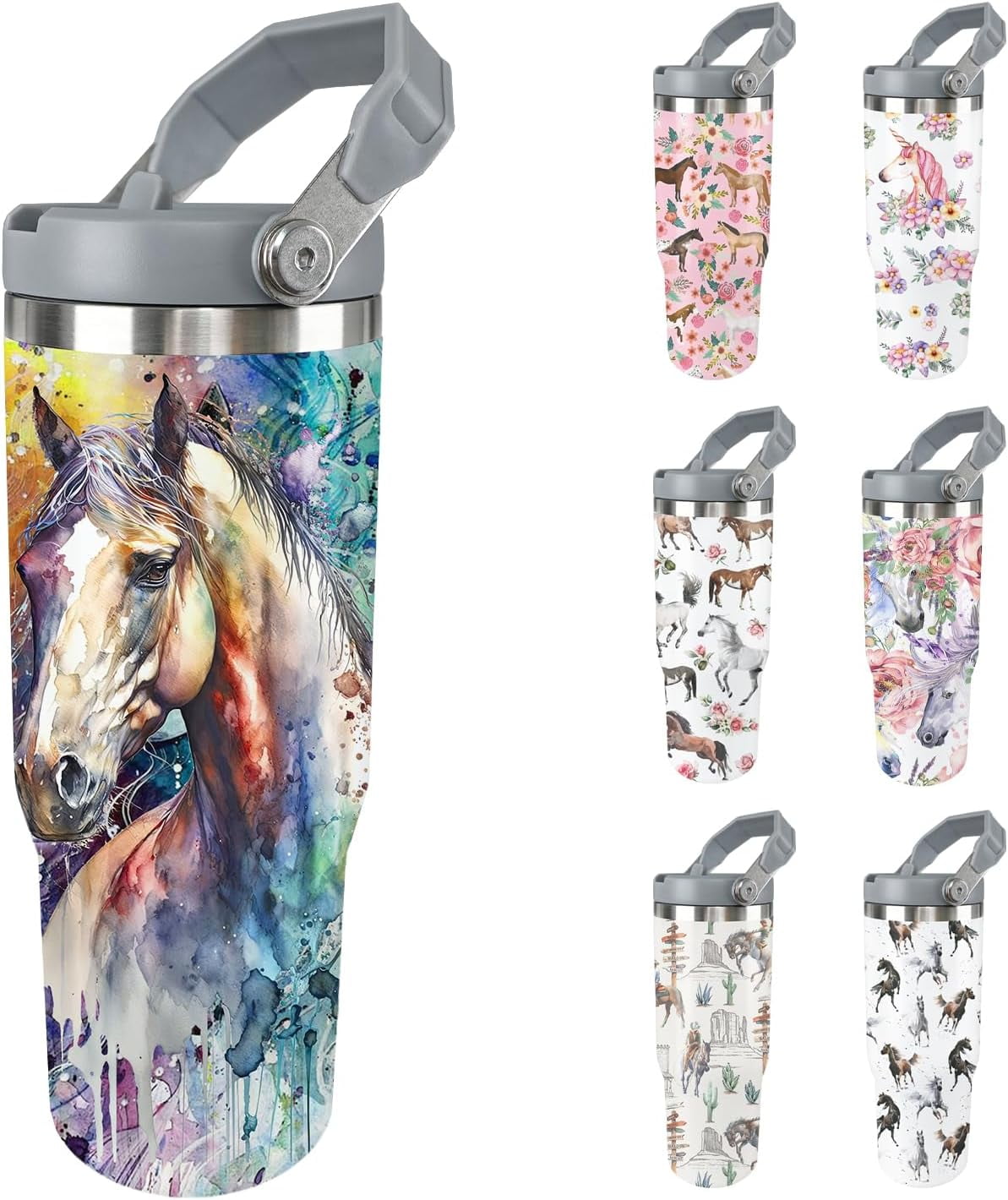 Lunabuddy™ Horse Tumbler with Lid and Straw Stainless Steel Tumblers 30 Oz Insulated Horse Water Bottle Tie Dye Cup Mug with Handle Horse Gifts for Women Men Gift for Horse Lovers