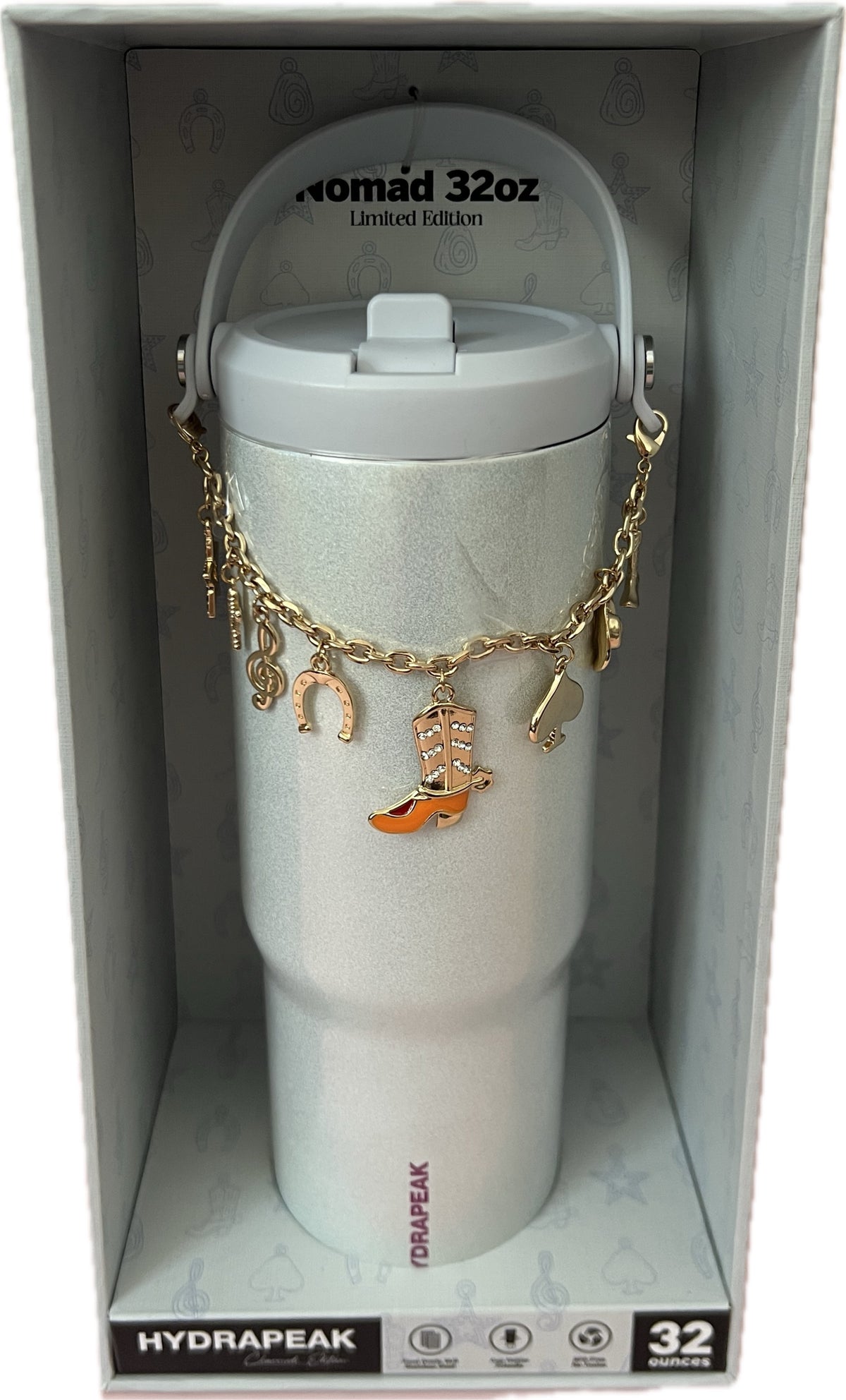 Lunabuddy™ Ice White Hydrapeak 32 oz Nomad Insulated Tumbler with Handle & Straw Lid - Limited Edition Charmed Western Custom Charms, Pale Shimmery Ice White with Subtlest Blue Tint