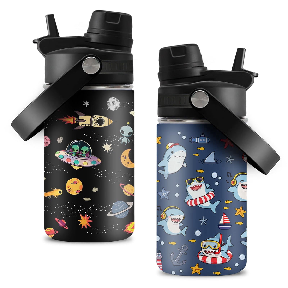 Lunabuddy™ JOPJOLIW 12OZ Shark Water Bottle for Boys, Birthday Gift for Planet Lovers, Insulated Tumbler with Straw & Handle for Son, Stainless Steel Reusable Leak-proof Cup for Sports, G-Black 2-Pack