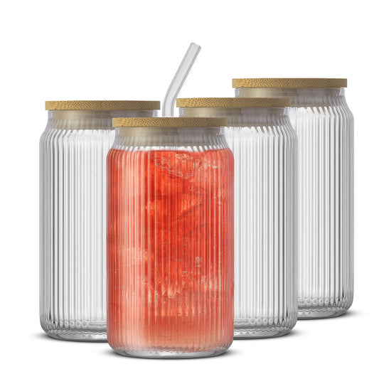 Lunabuddy™ Fluted Glass Tumblers with Bamboo Lids and Straws - 16 oz - Set of 4