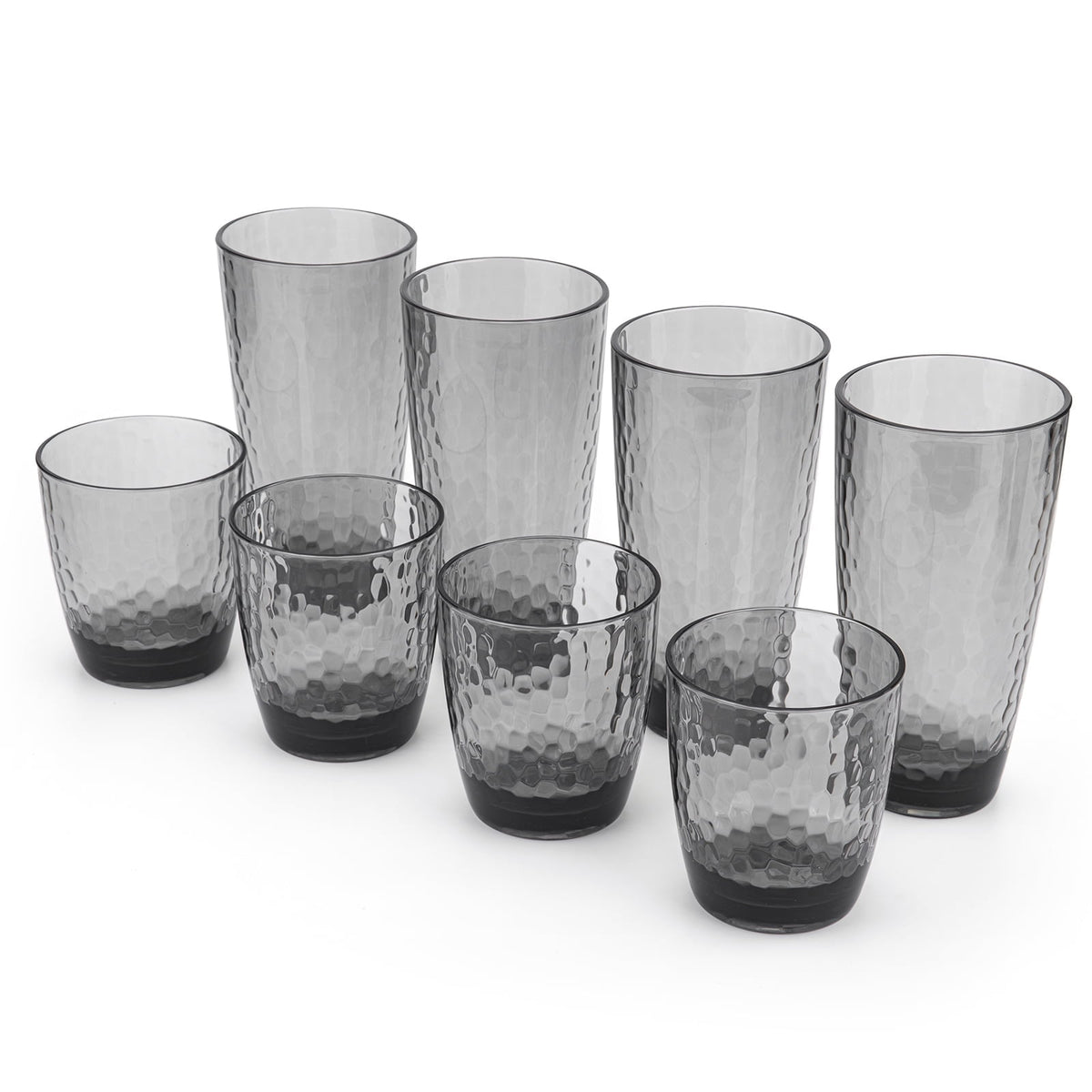 Lunabuddy™ KX-Ware Hammered 15 Ounce and 26 Ounce Plastic Tumbler Acrylic Drinking Glasses, Set of 8 Grey
