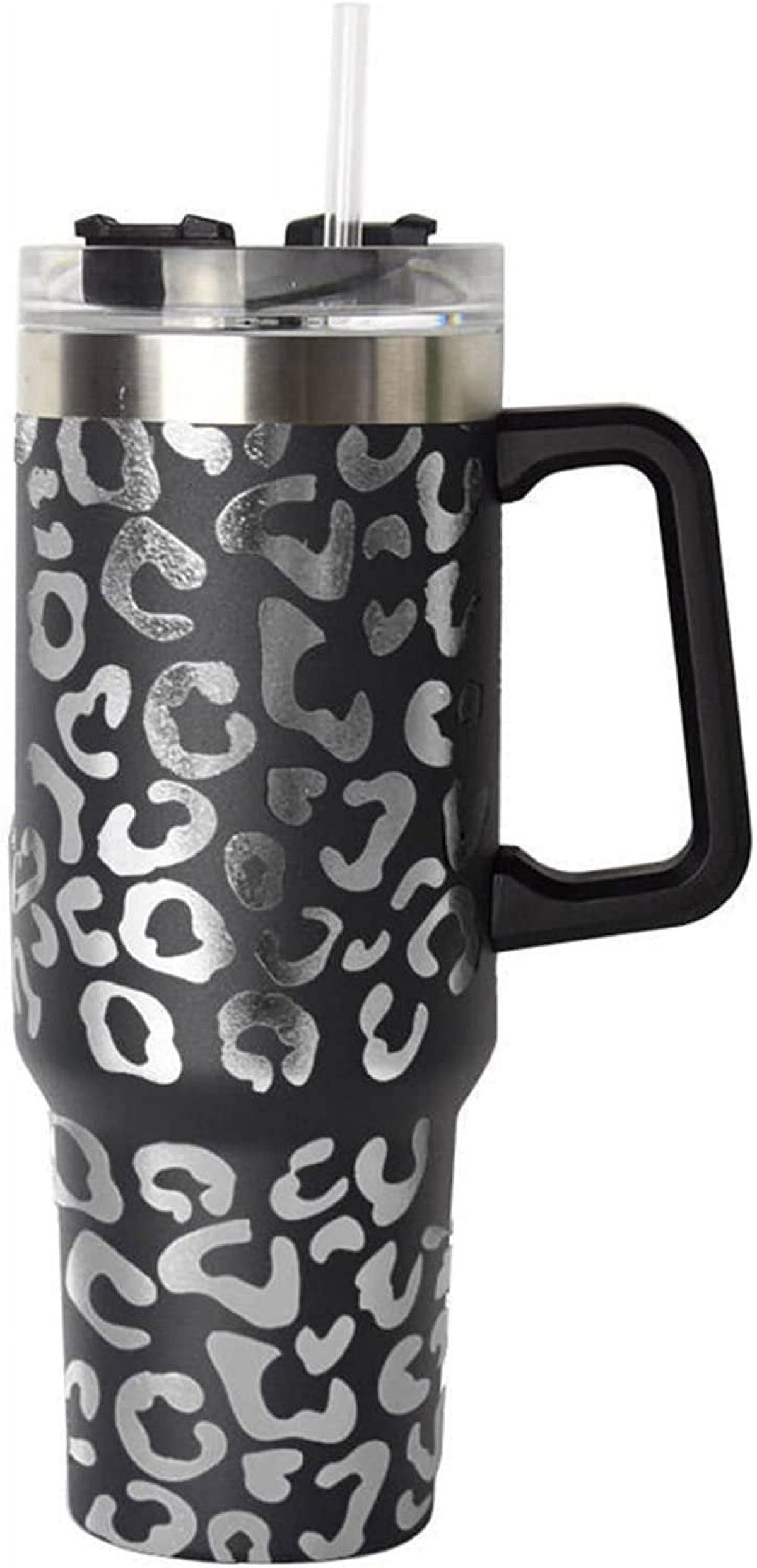 Lunabuddy™ Lashicorn 40 Oz. Tumbler with Handle and Straw Black Leopard Silver 10 tall Cup lid included Insulated Stainless Steel Vacuum Travel Mug Boutique Cheetah Print