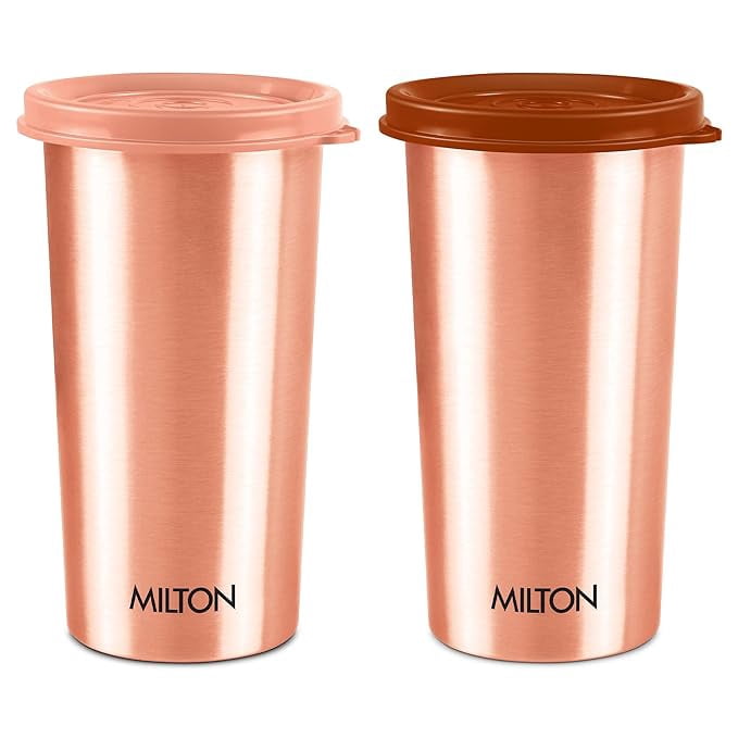 Lunabuddy™ MILTON Copper Drinking Water Tumbler with Lid, Set of 2, 480 ml Each, Copper