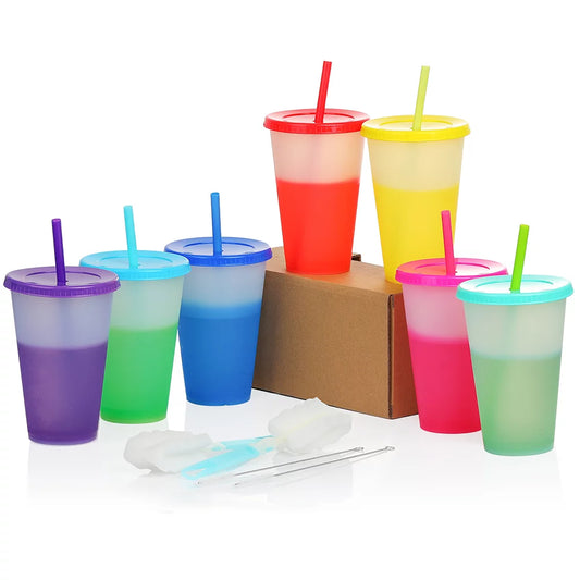Lunabuddy™ MODANU 7 Packs Reusable Plastic Tumbler Bulk, 16oz Color Changing Tumblers with Lids and Straws, Cold Drink Cups Plastic Tumblers for Party