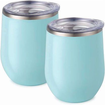 Lunabuddy™ Maars Bev Stainless Steel Stemless Wine Glass Tumbler with Lid, Vacuum Insulated 12 oz Cup | Spill Proof, Travel Friendly, Fun Cocktail Drinkware - 2 Pack Seafoam Blue