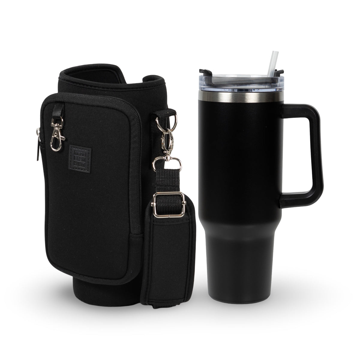 Lunabuddy™ Made Easy Kit Tumbler & Neorpene Pocket Carrier for Water, Iced Tea or Coffee - Stainless Steel Vacuum Insulated Car Cup with Lid, Straw, and Carabiner for Hanging Accessories
