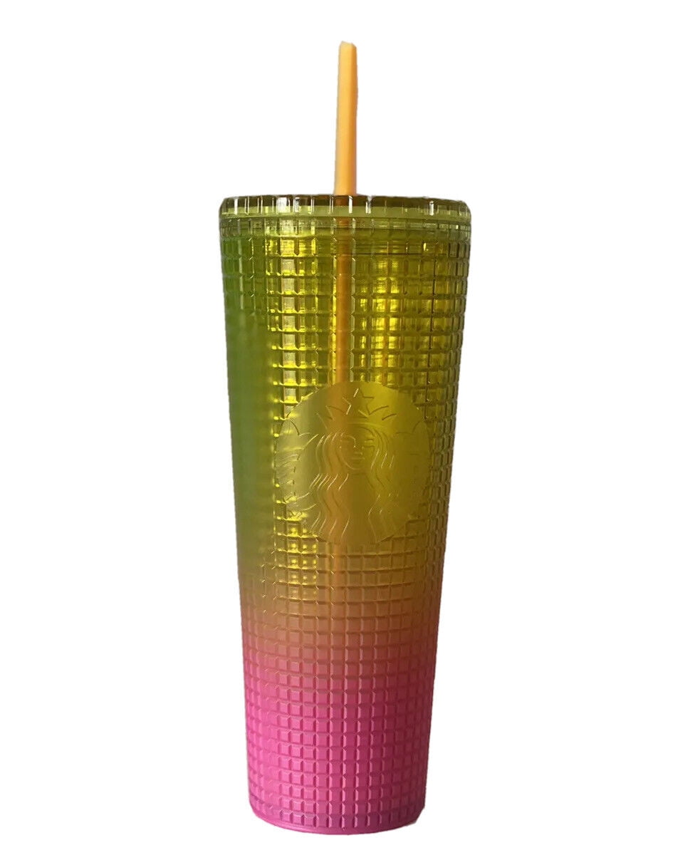 Lunabuddy™ NEW 2022 Lemon Yellow Pink Gradient Ombre Grid 24oz Venti Tumbler