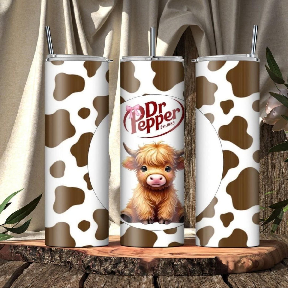 Lunabuddy™ [NO STRAW] Highland Cow Dr Pepper Tumbler: 20oz Stainless Steel Farmhouse Cup