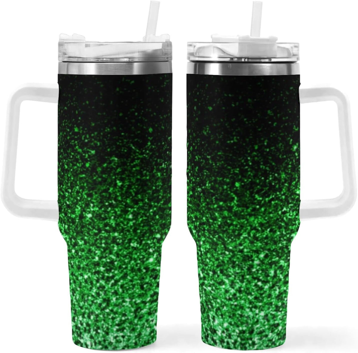 Lunabuddy™ Ombre Leopard Glitter 40 oz Insulated Double Wall Stainless Steel Tumbler with Handle and Straw, Lid, Large Travel Mug Fits in Cup Holder, Cup Gift for Women(Green)