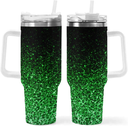 Lunabuddy™ Ombre Leopard Glitter 40 oz Insulated Double Wall Stainless Steel Tumbler with Handle and Straw, Lid, Large Travel Mug Fits in Cup Holder, Cup Gift for Women(Green)