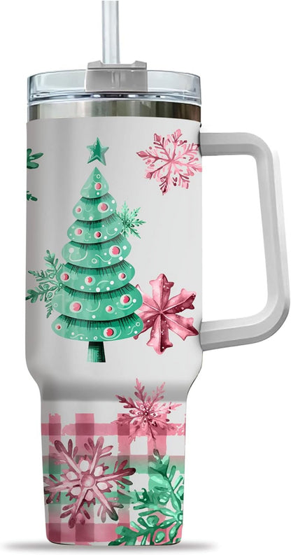 Lunabuddy™ Pink Christmas Tree Cakes Stainless Steel Tumbler 40Oz With Handle Insulated