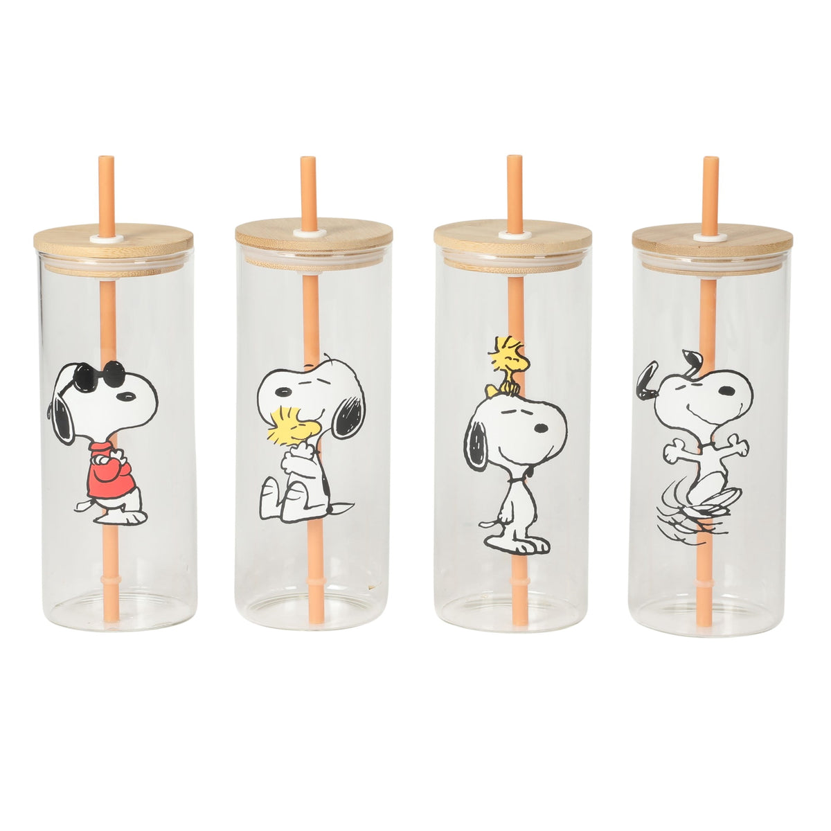 Lunabuddy™ Peanuts Snoopy Happy Sips 4 Piece 23 OZ Tumbler Set with 4 Bamboo Lids and 4 Straws Set, Iced Coffe, Smoothie, Water Cup - Dishwasher Safe