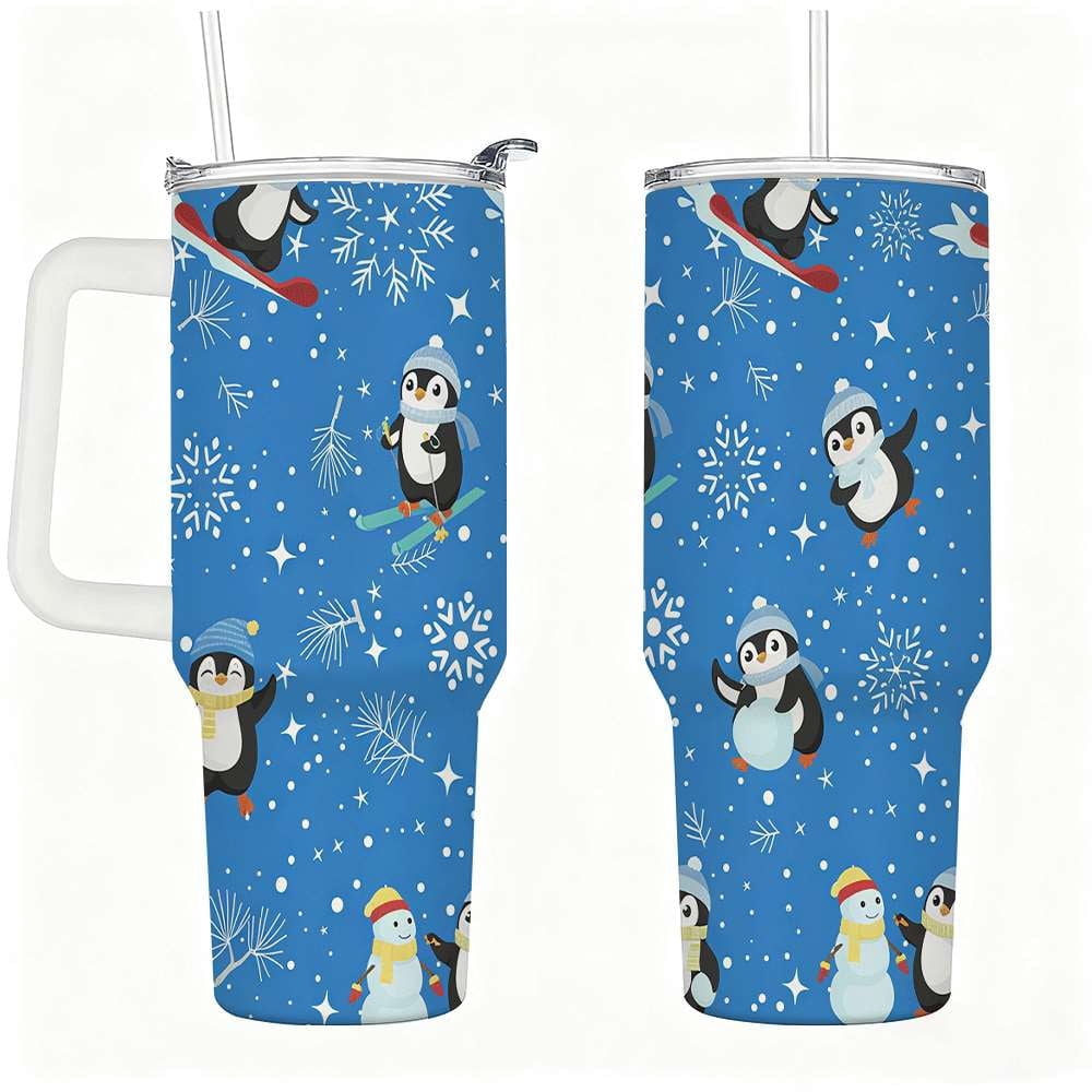Lunabuddy™ Penguin Winter Travel Tumbler with Lid and Straw, Stainless Steel Insulated Cup with Cute Snow & Ski Design