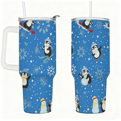 Lunabuddy™ Penguin Winter Travel Tumbler with Lid and Straw, Stainless Steel Insulated Cup with Cute Snow & Ski Design
