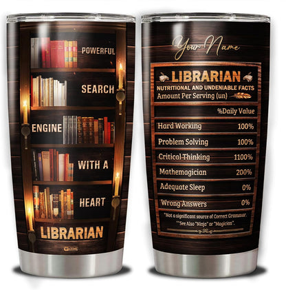 Lunabuddy™ Personalized Librarian Coffee Tumbler 20oz 30oz Custom Name Vintage Stainless Steel Cup Insulated Bookish Gifts Bookaholic Travel Mug For Women Book Lover Librarians Library Workers