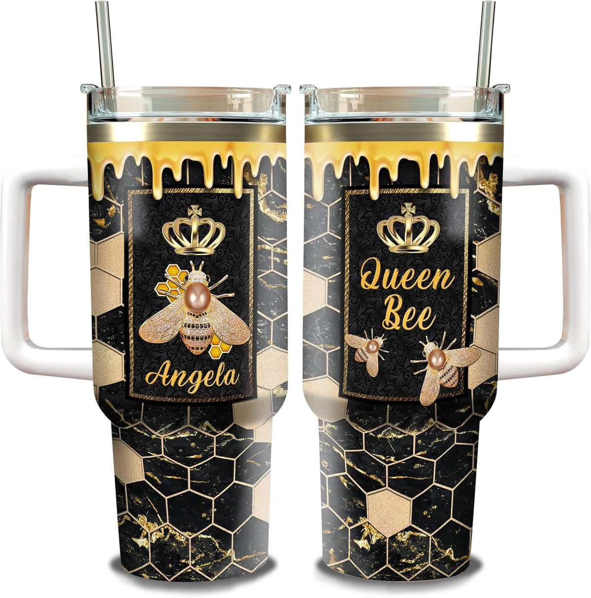 Lunabuddy™ Personalized Queen Bee Tumbler with Handle and Straw 40oz Custom Name Double Wall Vacuum Stainless Steel Travel Coffee Mug Novelty Jewelry Style Birthday Gift For Bee Keeper Girls Women