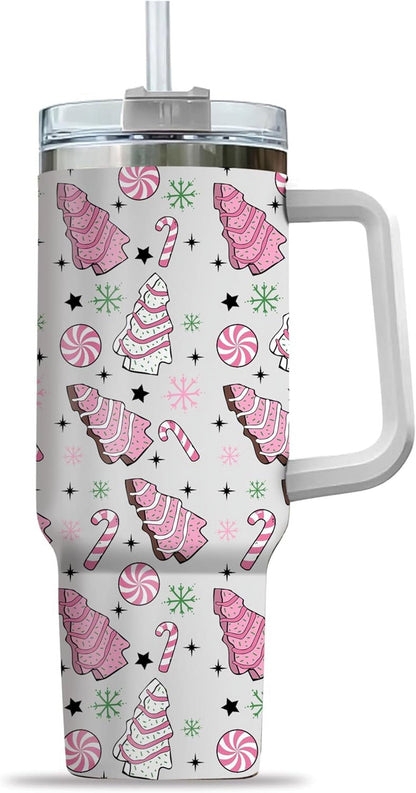 Lunabuddy™ Pink Christmas Tree Cakes Stainless Steel Tumbler 40Oz With Handle Insulated Tumbler Holiday Coffee Travel Mug for Tea, Latte, Hot Chocolate Seasonal Xmas Gifts for Women Men Coworker or Friends