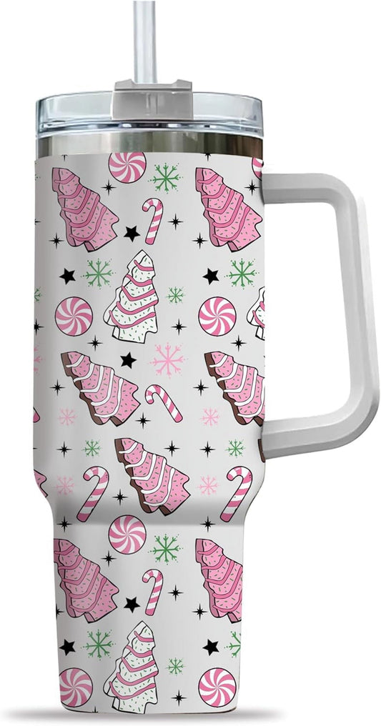 Lunabuddy™ Pink Christmas Tree Cakes Stainless Steel Tumbler 40Oz With Handle Insulated Tumbler Holiday Coffee Travel Mug for Tea, Latte, Hot Chocolate Seasonal Xmas Gifts for Women Men Coworker or Friends